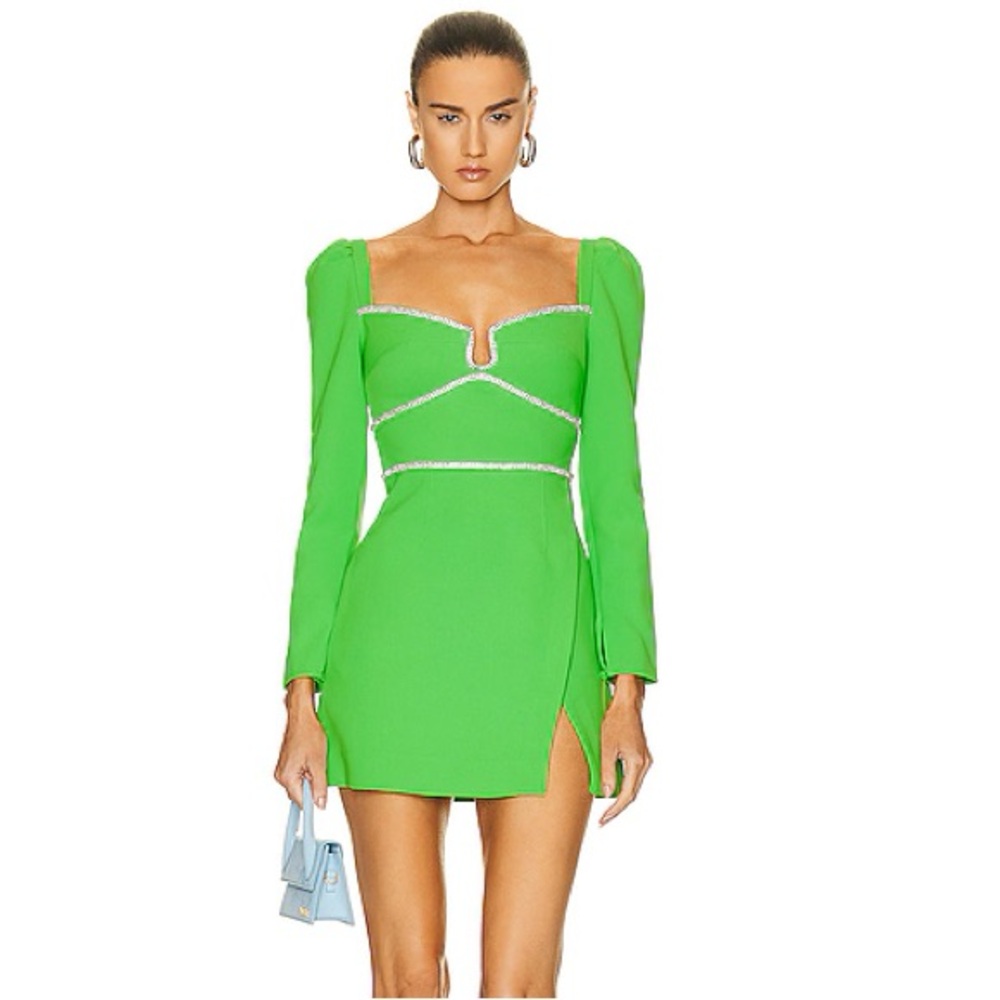 Self-Portrait Square Neckline Green Neon Mini Dress